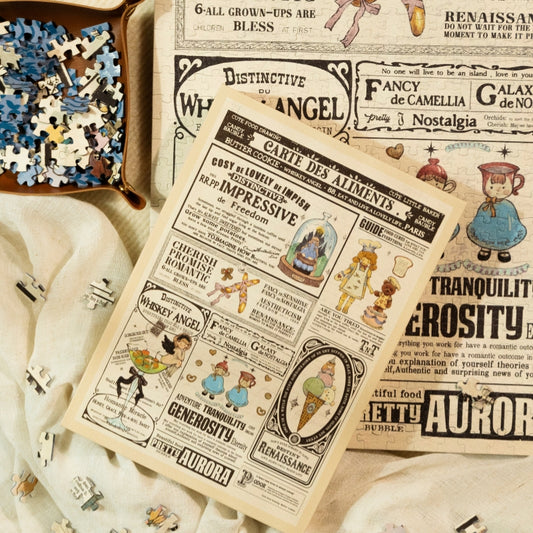 Puzzle pieces in a tray next to the completed section of Carte Des Aliments puzzle with intricate, nostalgic artwork.