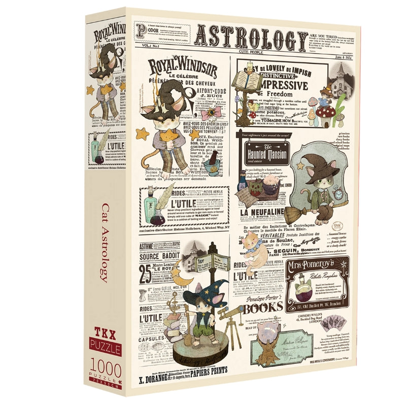 Box of the Cat Astrology puzzle standing upright, showcasing the puzzle name, piece count, and artwork on the front.