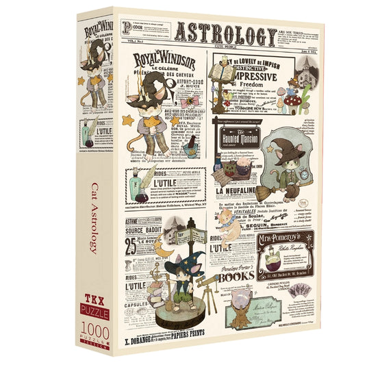 Box of the Cat Astrology puzzle standing upright, showcasing the puzzle name, piece count, and artwork on the front.