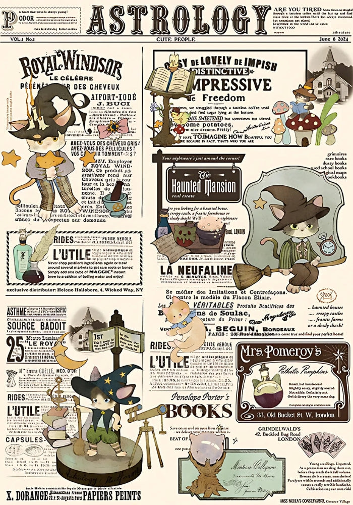 Detailed view of the Cat Astrology puzzle artwork, highlighting whimsical cats with magical items and vintage typography.