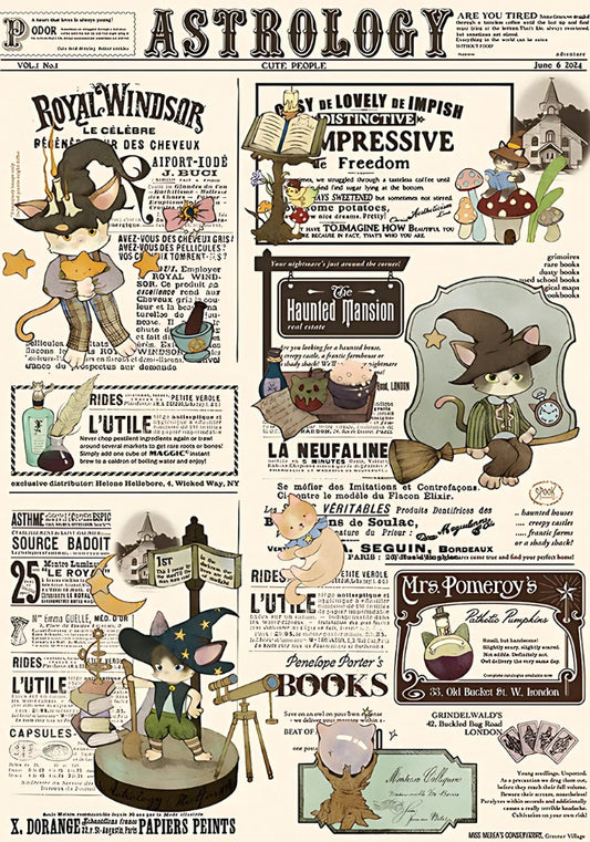 Detailed view of the Cat Astrology puzzle artwork, highlighting whimsical cats with magical items and vintage typography.