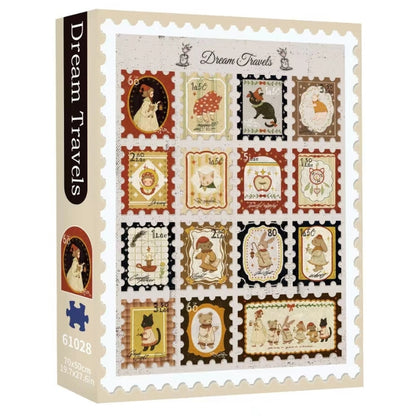 TKX Dream Travels 1000-piece puzzle box designed like a stamp sheet with nostalgic characters and velvet finish