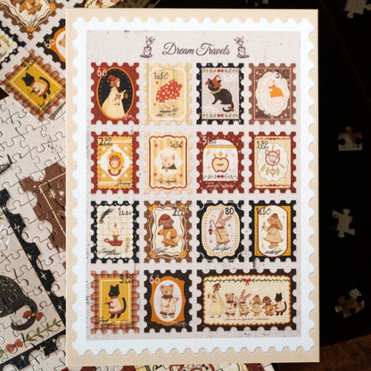 Dream Travels puzzle in progress with whimsical stamp graphics and warm color palette