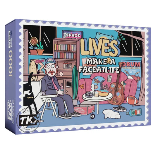 Close-up of the puzzle box and partially completed puzzle featuring a man and playful black cat in a vibrant room.
