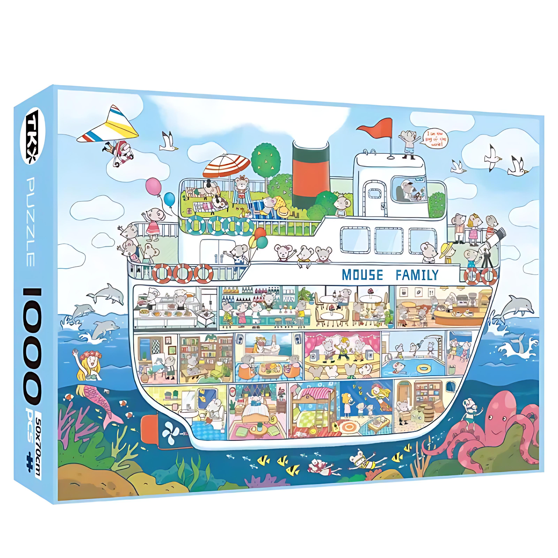 TKX Mouse Family Ocean Cruise Ship puzzle box showing a fun 1000-piece design of a cross-sectioned cruise ship with playful mice