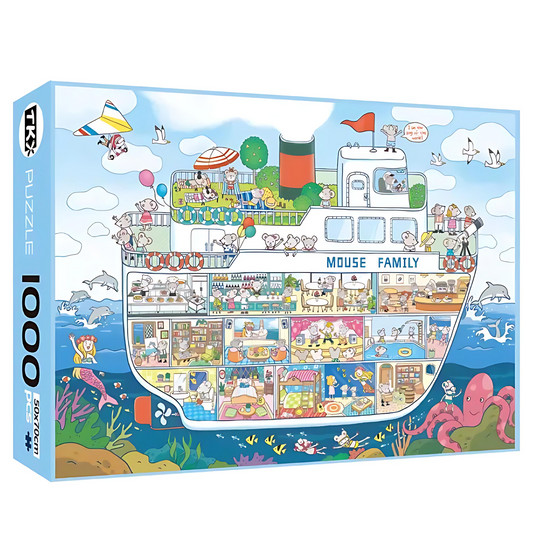 TKX Mouse Family Ocean Cruise Ship puzzle box showing a fun 1000-piece design of a cross-sectioned cruise ship with playful mice