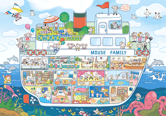 Colorful illustration of the Mouse Family cruise ship filled with mice enjoying various activities, surrounded by dolphins and sea creatures