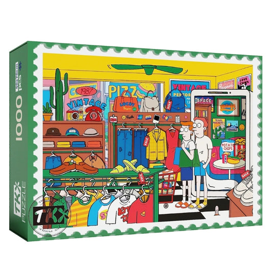 Puzzle box of a colorful cartoon-style indoor shopping scene with clothes on racks, shoes, and other items. Two characters, a man and a woman, are standing with shopping bags near a table with snacks and a drink. The setting has vibrant yellow walls and shelves filled with various goods. A black cat is visible walking in the scene.