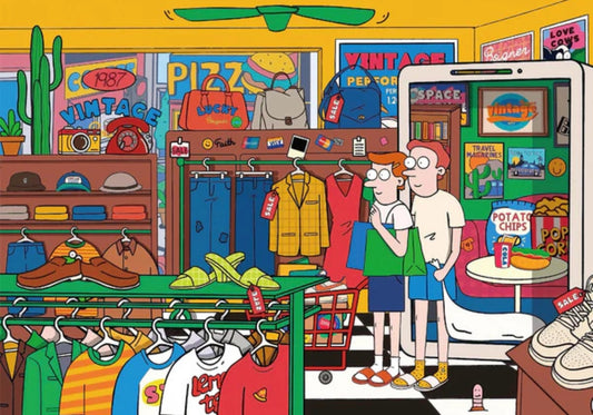 The full artwork of the puzzle showing the indoor shopping scene in vibrant colors. The room is lively with items for sale, including clothes, shoes, bags, and snacks. Two shoppers stand in the middle, holding bags and examining a red dress on a rack. A black cat is seen walking through the scene, adding a playful touch.