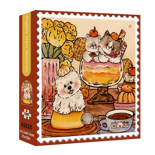 Puzzle box for Slightly Tipsy Moments showing the artwork of cute animals enjoying desserts and flowers in a cozy setting.