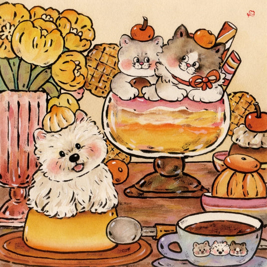 Detailed view of the Slightly Tipsy Moments puzzle artwork, highlighting two adorable cats cuddling in a dessert cup and a fluffy dog sitting on a cake.