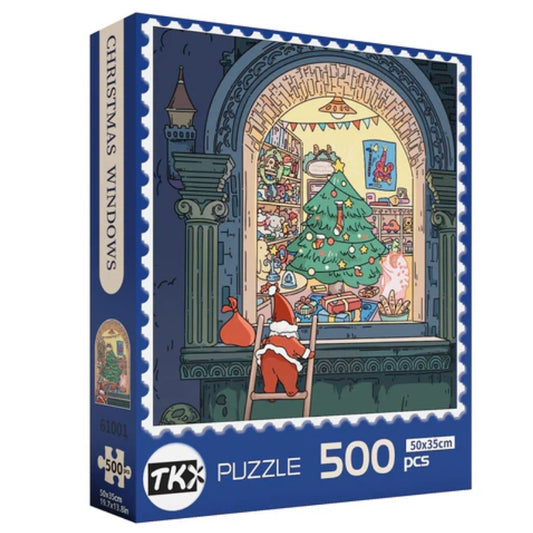 TKX Christmas Windows 500-piece puzzle box showing festive window scene with Santa and Christmas decorations
