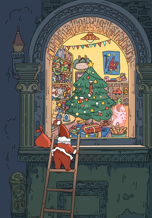 Santa climbing a ladder to a window revealing a cozy Christmas room with a decorated tree and shelves full of toys
