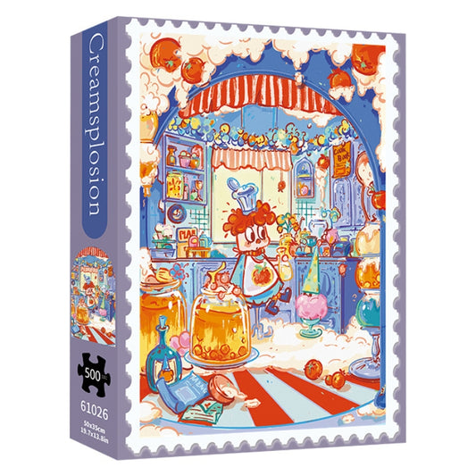 Creamsplosion puzzle box with 500 pieces, featuring a whimsical dessert kitchen overflowing with treats