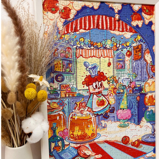 Framed Creamsplosion puzzle beside a vase, showing detailed cartoon kitchen in bright pastels with velvet texture