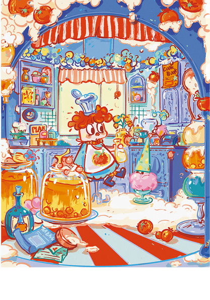 Colorful kitchen scene with a cartoon chef, oversized cream jars, and playful dessert chaos titled Creamsplosion