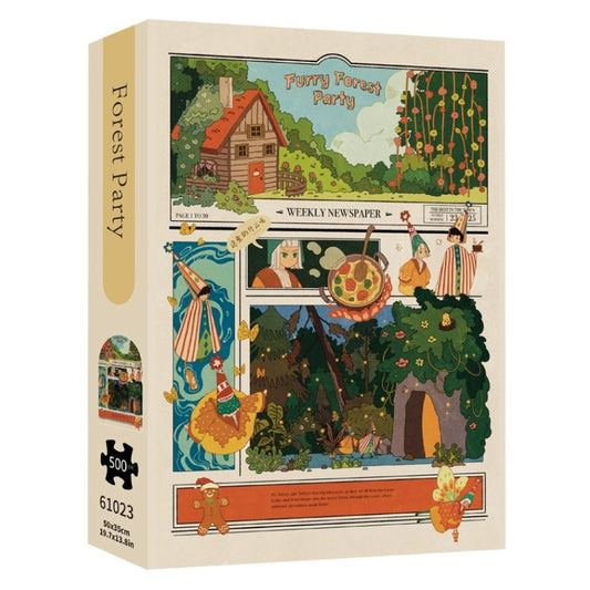 TKX Forest Party 500-piece puzzle box featuring comic-style woodland scenes and colorful characters