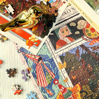 Partially completed Forest Party puzzle with gold bird figurine on top, showing soft velvet finish and vivid illustrations
