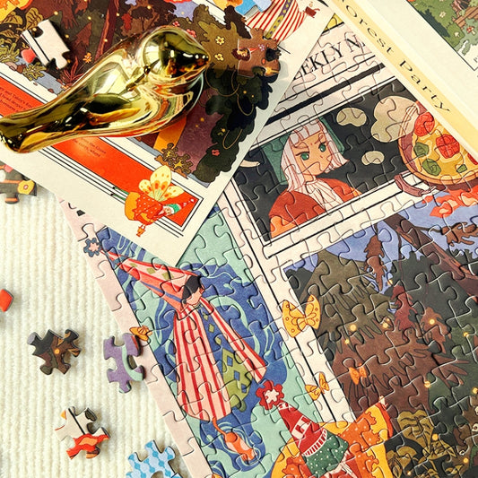 Partially completed Forest Party puzzle with gold bird figurine on top, showing soft velvet finish and vivid illustrations