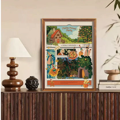 Framed Forest Party puzzle displayed on a wooden cabinet with lamp and decor in cozy interior