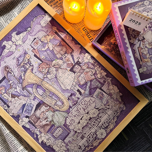 Completed Melody of Magic puzzle framed with candles and a 2025 calendar, showing soft velvet texture and dreamy aesthetic