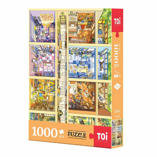 Box of TOI 1000-piece puzzle Dreamhouse Utopia featuring colourful themed rooms.
