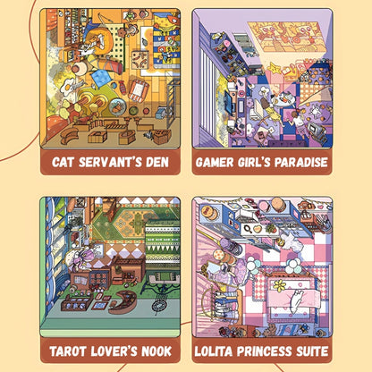 Close-up preview showing room themes including Cat Servant’s Den and Gamer Girl’s Paradise.
