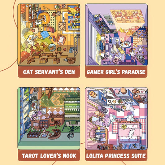 Close-up preview showing room themes including Cat Servant’s Den and Gamer Girl’s Paradise.