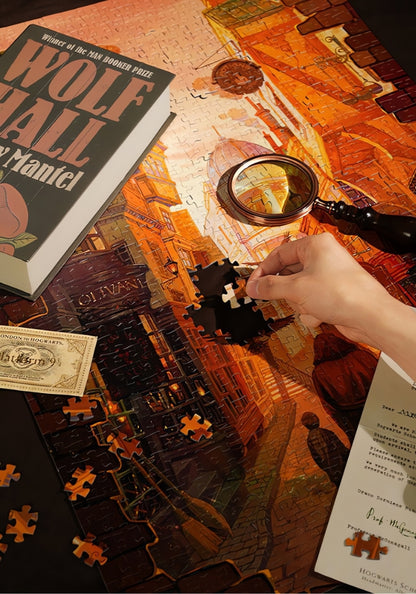 and placing a piece in the Harry Potter-Diagon Alley puzzle.
