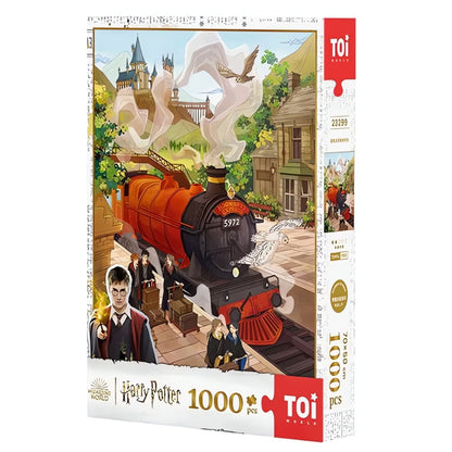 Front view of the TOI 1000-piece Harry Potter Hogwarts Express puzzle box, showing the Hogwarts Express train pulling into Ho
