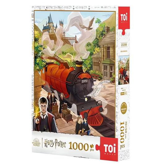 Front view of the TOI 1000-piece Harry Potter Hogwarts Express puzzle box, showing the Hogwarts Express train pulling into Ho