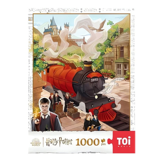 Front view of the TOI 1000-piece Harry Potter Hogwarts Express puzzle box, showing the Hogwarts Express train pulling into Ho