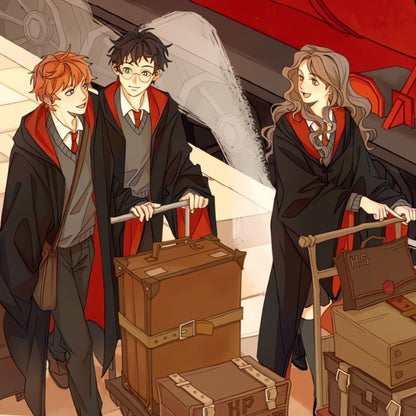 Cartoon-style illustration of Ron, Harry, and Hermione at the platform with their luggage trolleys near the train.