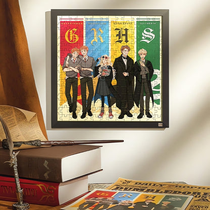Harry Potter - Hogwarts Four Houses puzzle styled as wall art next to books and wand.