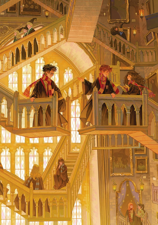 Harry, Ron, and Hermione standing on moving staircases inside the bright and magical Hogwarts Grand Staircase.