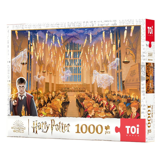 Front of the TOI 1000-piece Harry Potter Hogwarts Great Hall puzzle box featuring the iconic floating candles and ghostly fig