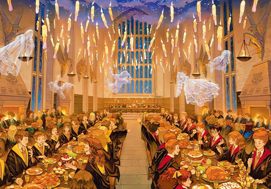 The Great Hall filled with Hogwarts students enjoying a feast under floating candles and a starry ceiling, with ghosts drifti
