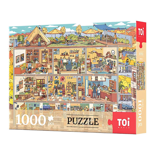Product packaging for the 1000-piece “Home Sweet Chaos” puzzle by TOI.