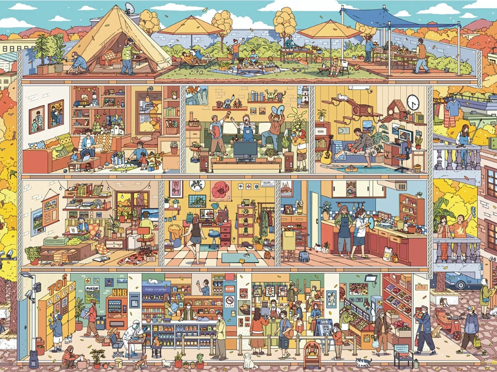 Full illustrated artwork of the “Home Sweet Chaos” puzzle showing a cross-section of a busy building.