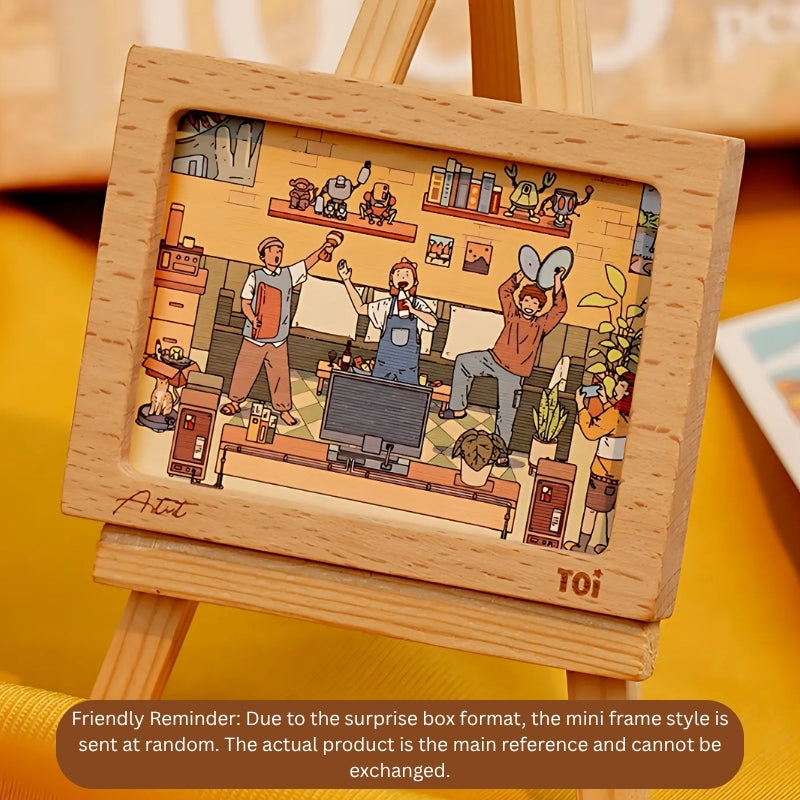 Wooden mini puzzle frame featuring a party scene from the “Home Sweet Chaos” puzzle.