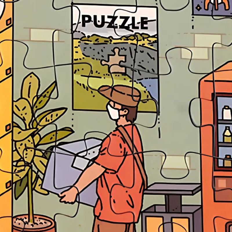 Close-up of a man wearing a mask holding a puzzle box inside a store, featured in the artwork.