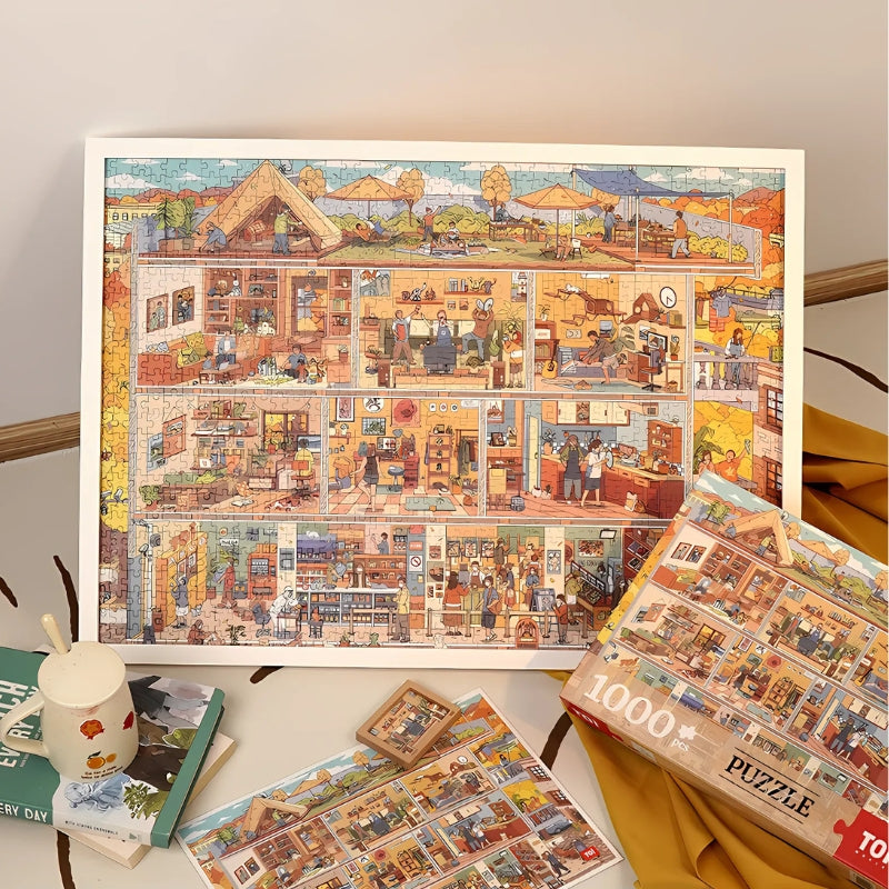 Framed and completed “Home Sweet Chaos” puzzle on a tabletop.