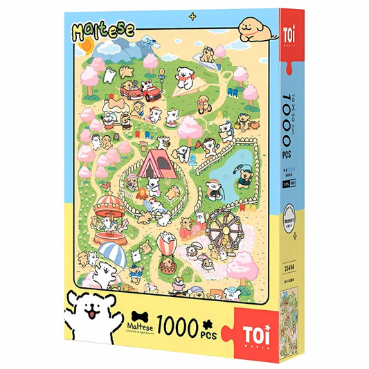 Box image of the Maltese Puppy–Spring Paws Park 1000-piece puzzle by TOI, featuring a playful park full of white puppies.