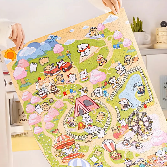 Puzzle being held up by both hands, showing the full vibrant artwork with puppies in a spring park theme.