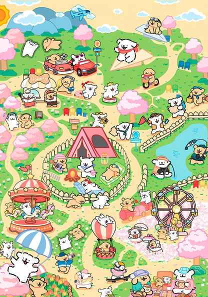 Illustration from the puzzle showing puppies enjoying rides, camping, and outdoor fun in a colourful spring park.