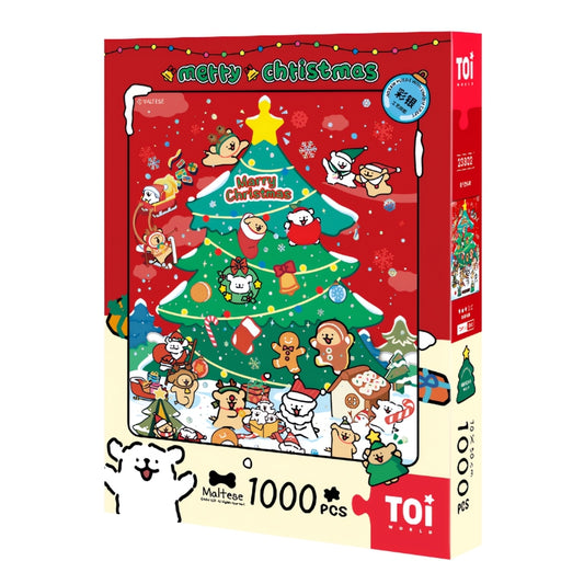 TOI Maltese Puppy Starlight Christmas Tree 1000 piece puzzle box with festive red background and cute dog characters