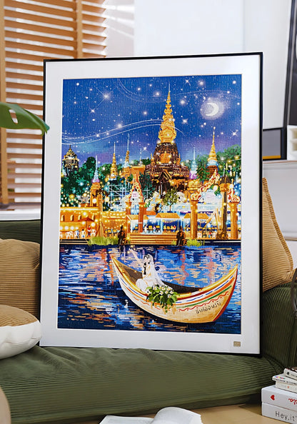 Completed and framed Moonlit Bazaar puzzle displayed in a home setting.