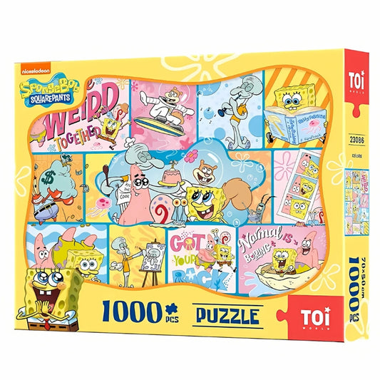 Box packaging of the SpongeBob Joyful 1000-piece puzzle by TOI featuring bright comic-style frames of SpongeBob and friends.