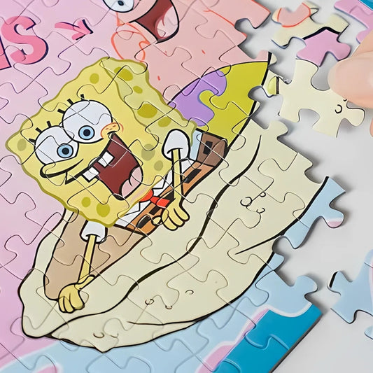 lose-up of the puzzle showing SpongeBob in a boat with Patrick, highlighting clear print and quality cut pieces.