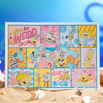 Completed puzzle framed in white, showing colourful blocks with different SpongeBob characters and funny expressions.